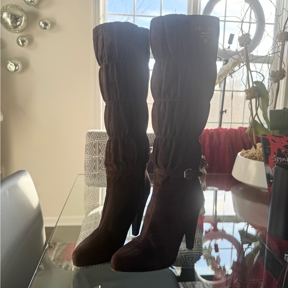 Prada Women's Chocolate Gaufre Heeled Boots